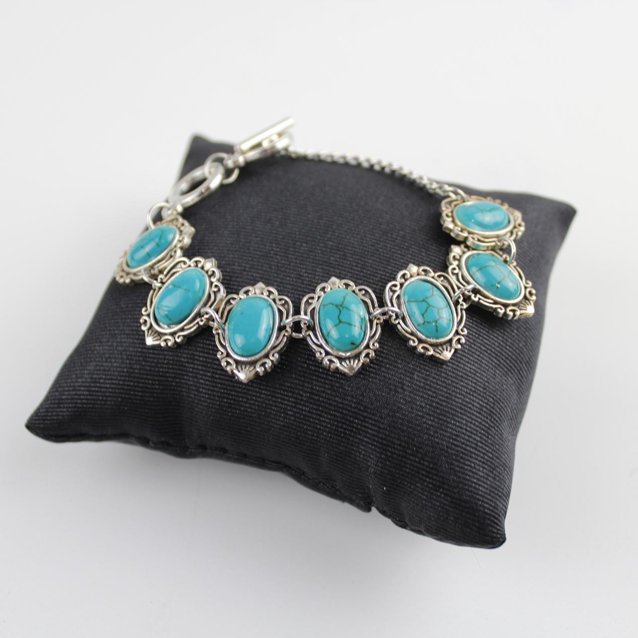 Vintage Turquoise & Silver colour Bracelet Oval Boho Stateme