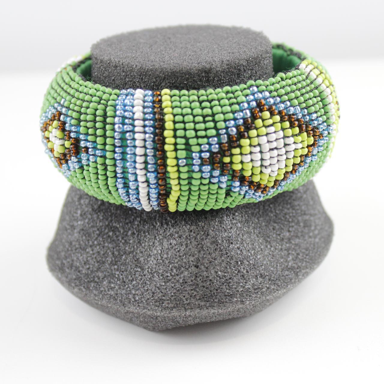 Tribal Inspired Seed Bead Bangle - Green, White, Blue, Yello