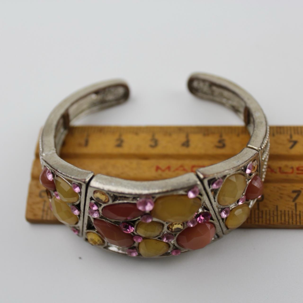 Colorful Stone Cuff Bracelet Silver Tone Mosaic Design Pink Amber Crystals
