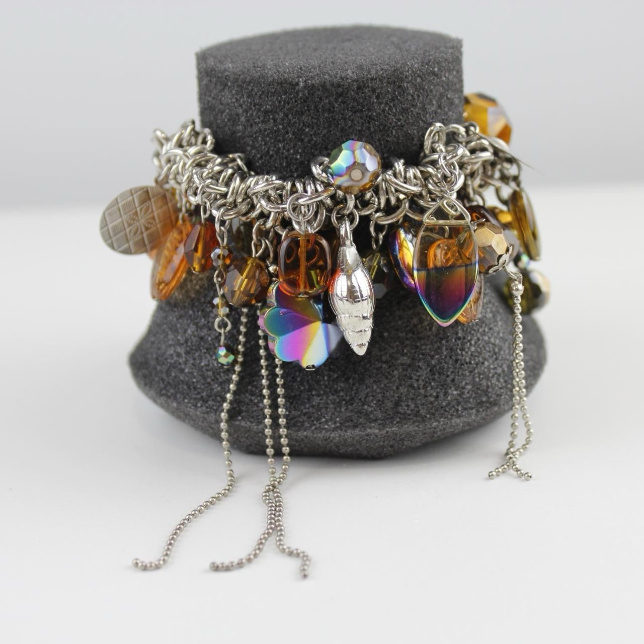 Unique Charm Bracelet - Amber Faceted Beads & Iridescent Dangles - Silver Tone