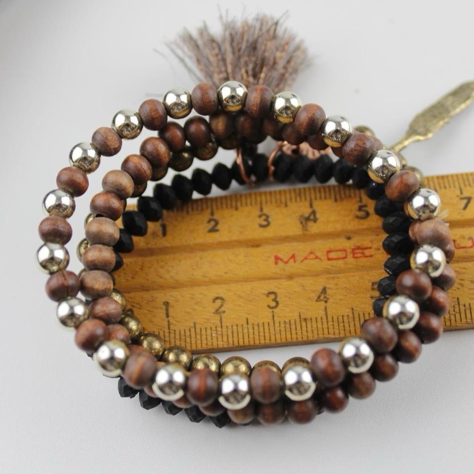 Boho Beaded Bracelet Set Tassel Charm Wood Black Gold Layered Jewelry