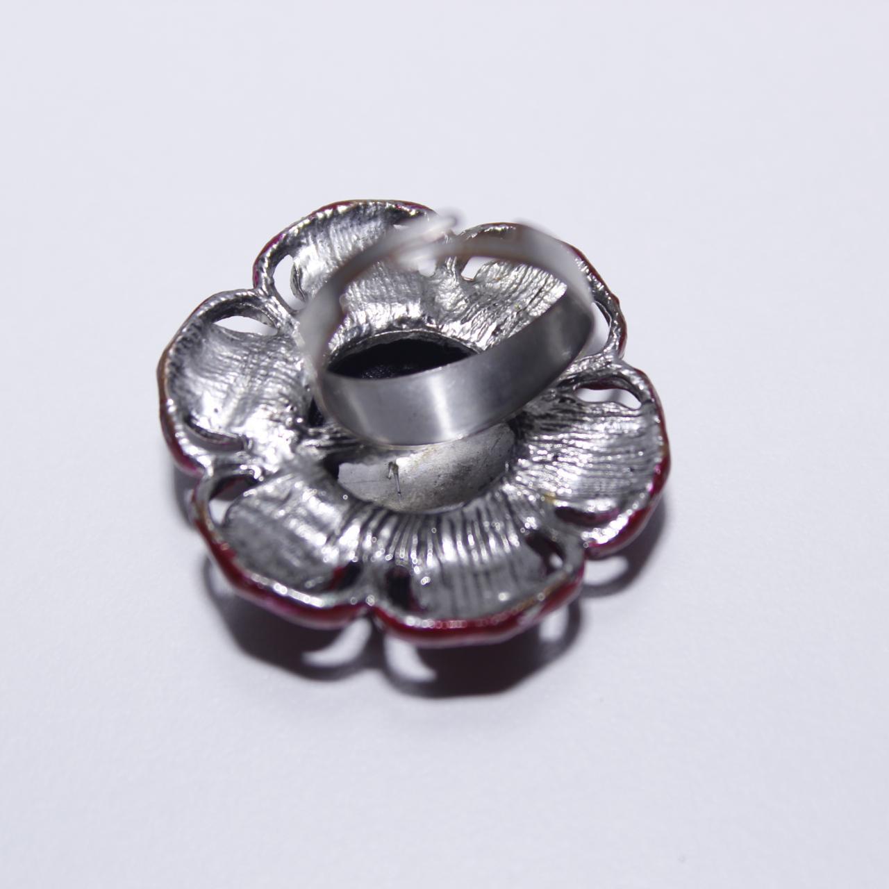 Red Poppy Flower Ring Black Fabric Button Filigree Statement Jewellery