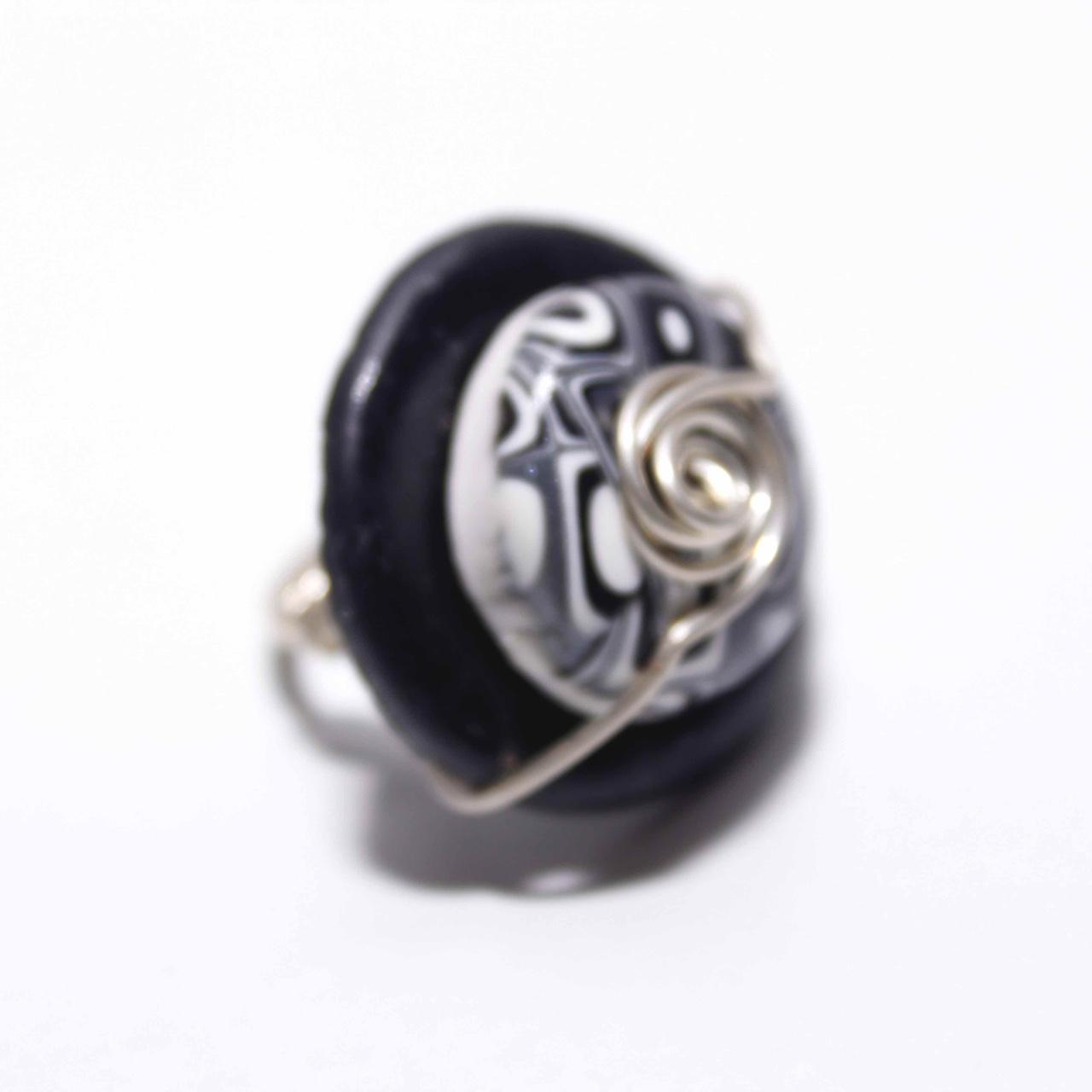 Wire Wrapped Ring Artisan Boho Black White Abstract Bead Statement Jewellery