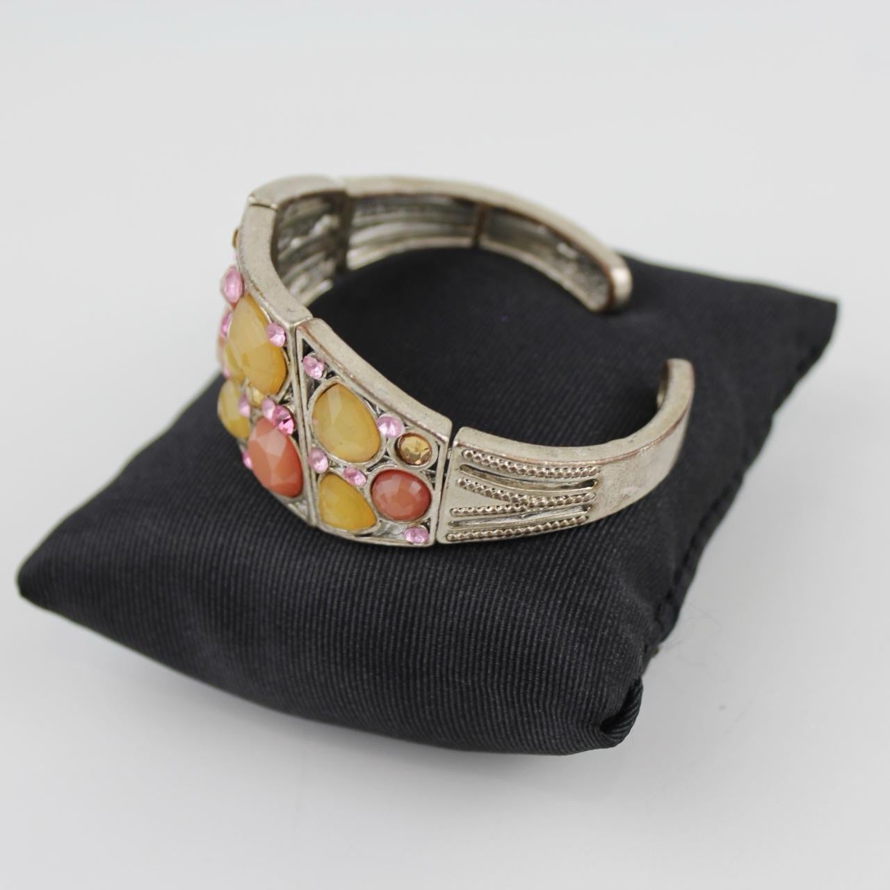 Colorful Stone Cuff Bracelet Silver Tone Mosaic Design Pink Amber Crystals