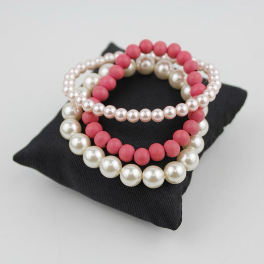 Set of 3 Beaded Bracelets White Pearl Pink Coral Stretch Jewelry Vintage Style