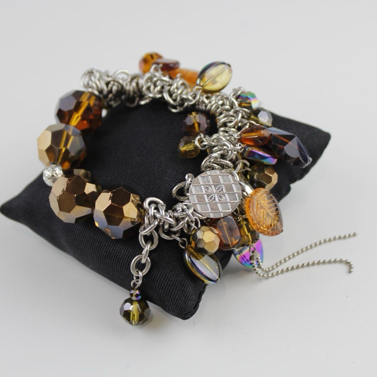 Unique Charm Bracelet - Amber Faceted Beads & Iridescent Dangles - Silver Tone