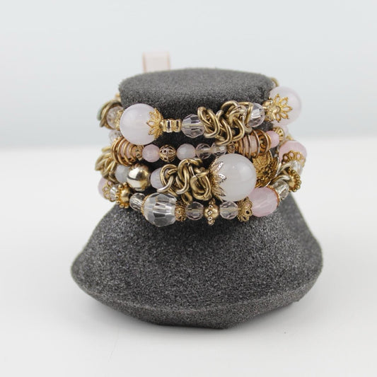 Elegant Beaded Bracelets Set with White Pink Gold Beads and Ribbon