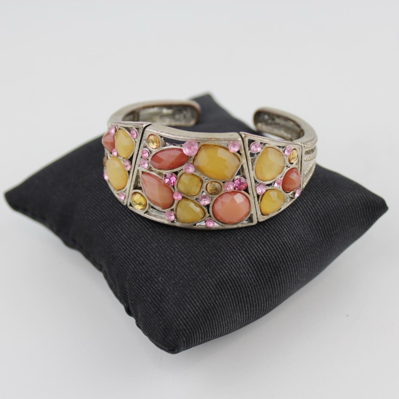 Colorful Stone Cuff Bracelet Silver Tone Mosaic Design Pink Amber Crystals