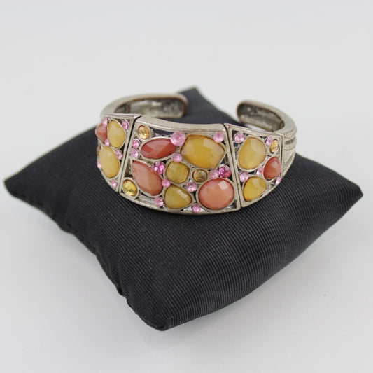 Colorful Stone Cuff Bracelet Silver Tone Mosaic Design Pink Amber Crystals