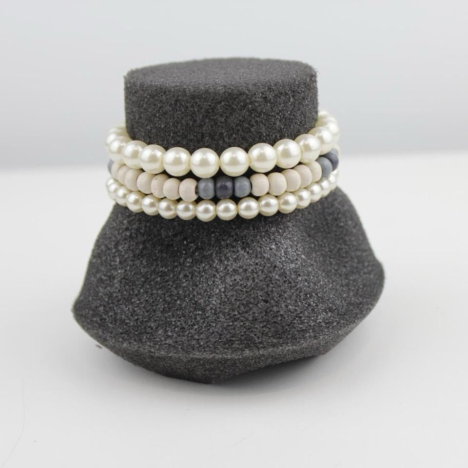 Set of 3 Beaded Bracelets White Pearl Beige Gray Stone Stretch Jewelry Bohemian