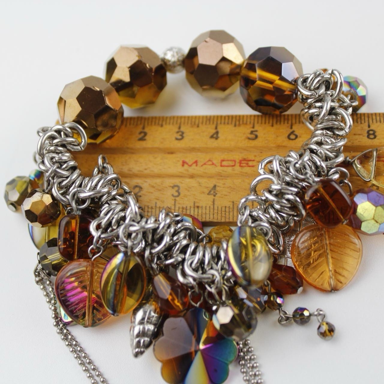 Unique Charm Bracelet - Amber Faceted Beads & Iridescent Dangles - Silver Tone