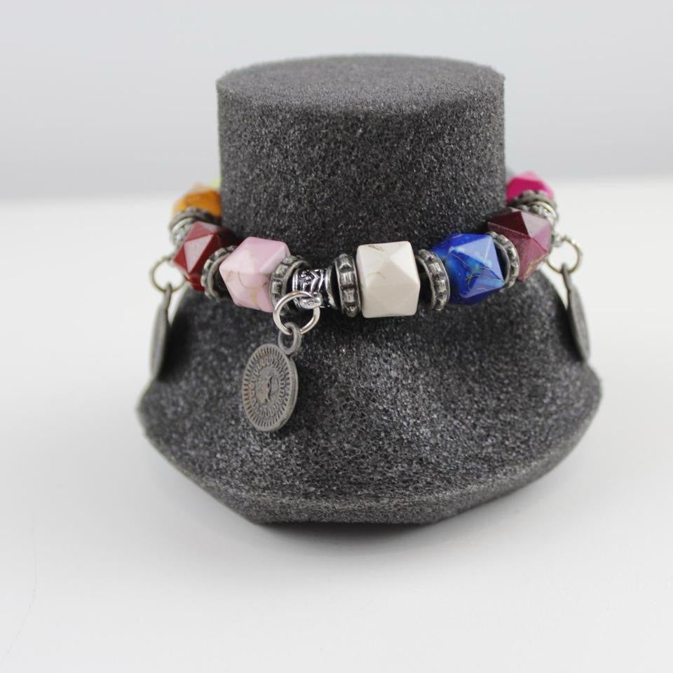 Bohemian Multi-Color Bead Bracelet Silver Tone Coin Dangle Charm Jewelry