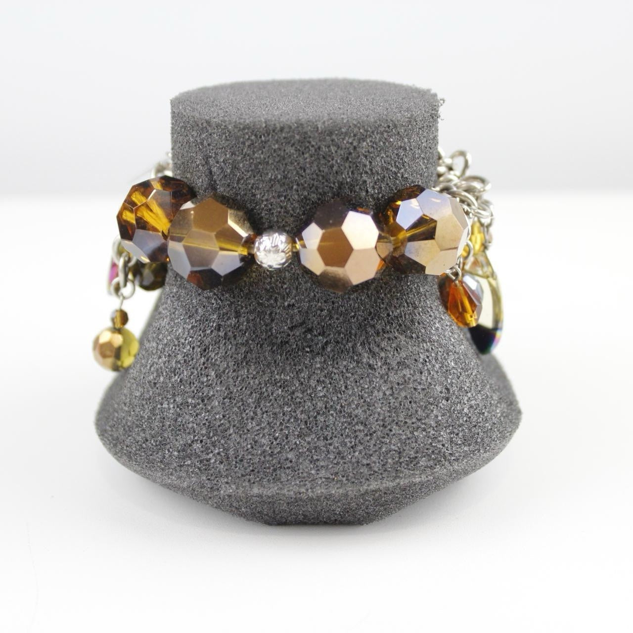 Unique Charm Bracelet - Amber Faceted Beads & Iridescent Dangles - Silver Tone