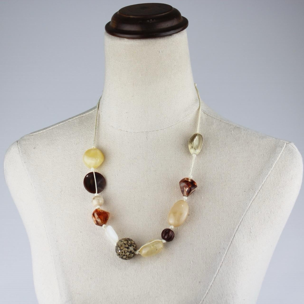 Bohemian Beaded Necklace Amber Brown Cream Speckled Glass Resin Stone Single