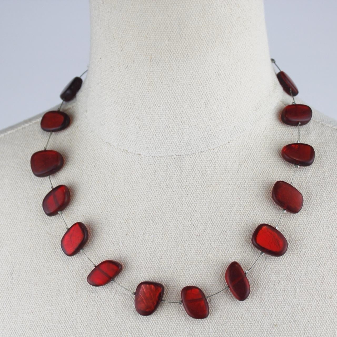 Red Bead Necklace Irregular Shape Deep Red Glass Single Strand Minimalist