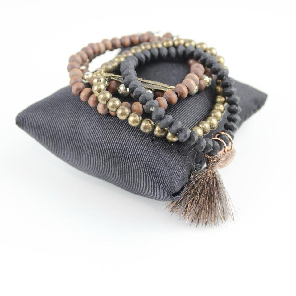 Boho Beaded Bracelet Set Tassel Charm Wood Black Gold Layered Jewelry