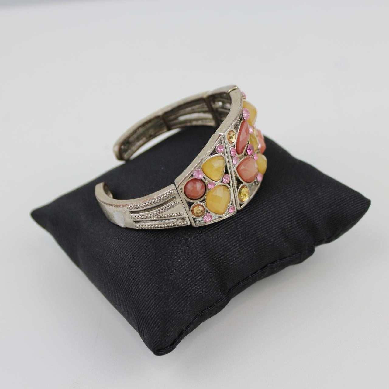 Colorful Stone Cuff Bracelet Silver Tone Mosaic Design Pink Amber Crystals