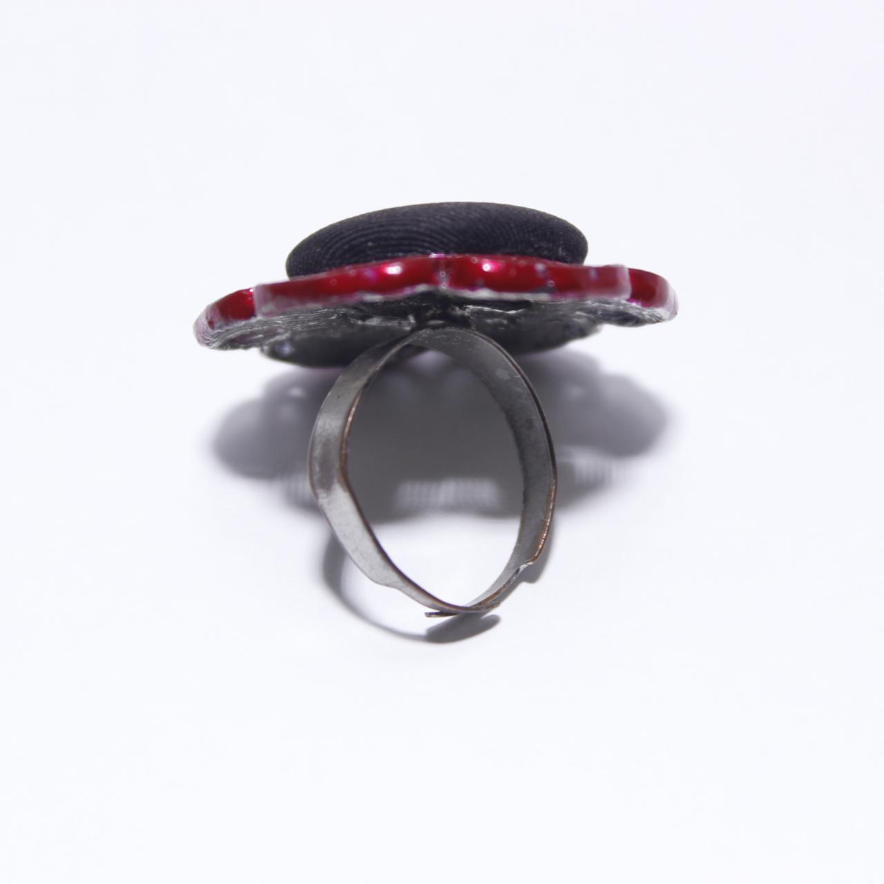 Red Poppy Flower Ring Black Fabric Button Filigree Statement Jewellery