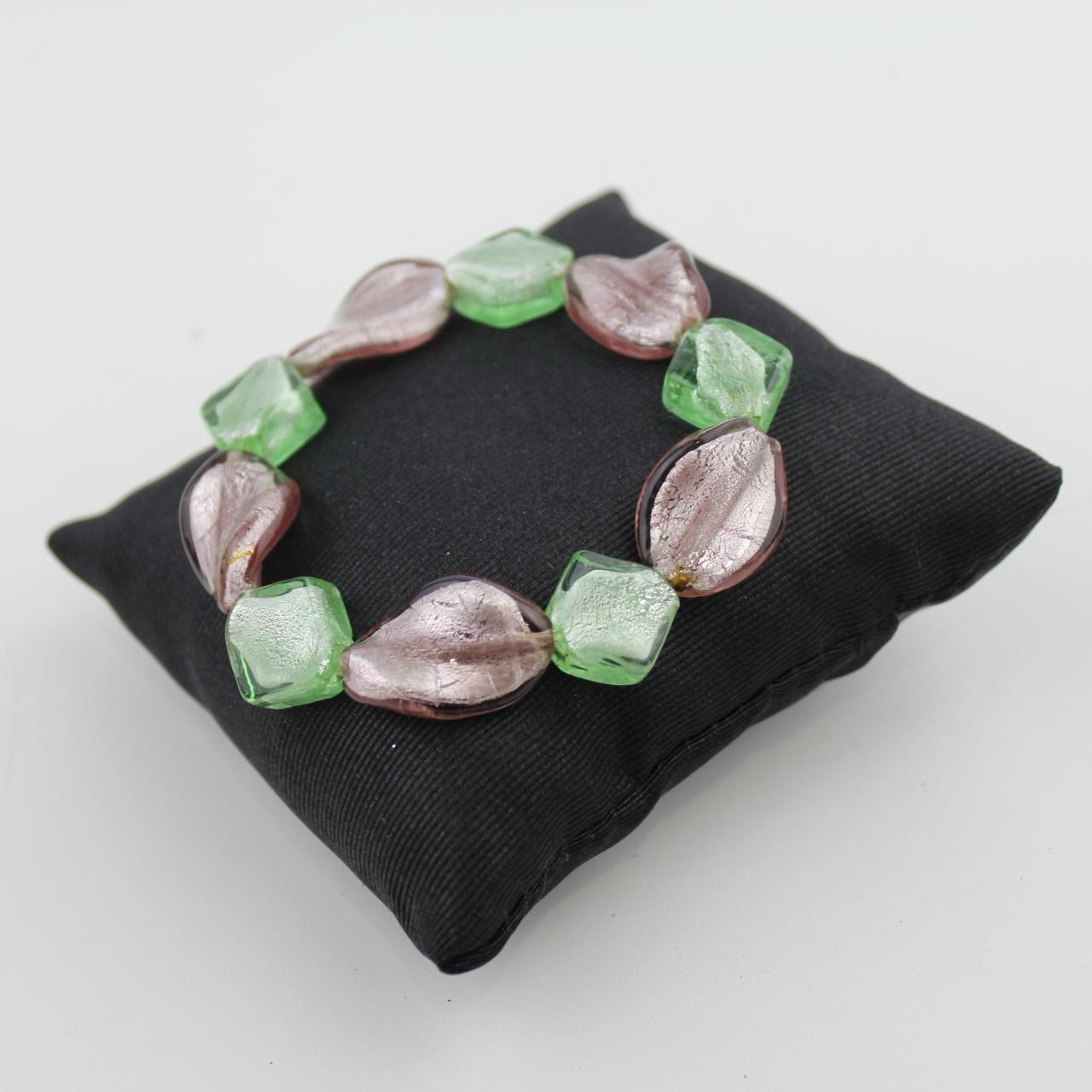 Faceted Glass Bead Bracelet Green Pink Metallic Sheen Vibrant Contemporary