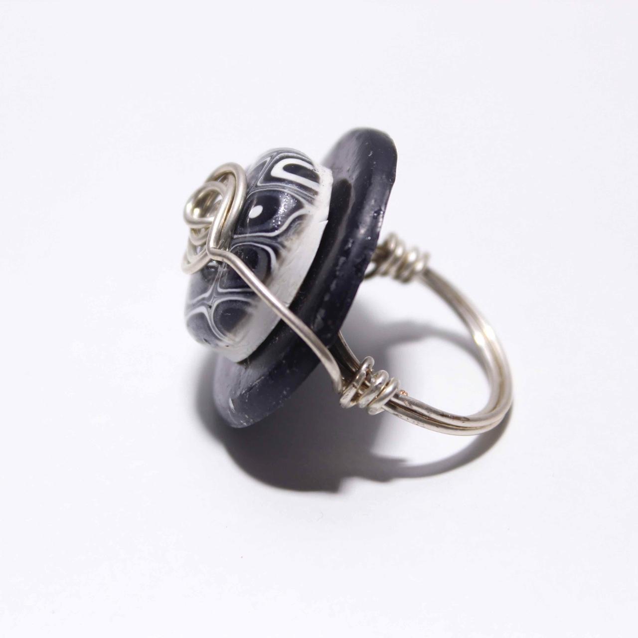 Wire Wrapped Ring Artisan Boho Black White Abstract Bead Statement Jewellery
