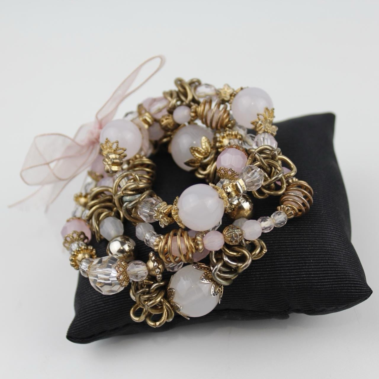 Elegant Beaded Bracelets Set with White Pink Gold Beads and Ribbon