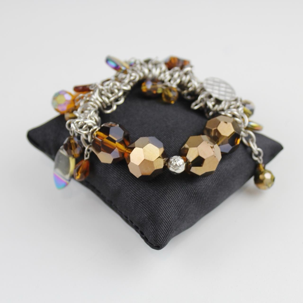 Unique Charm Bracelet - Amber Faceted Beads & Iridescent Dangles - Silver Tone