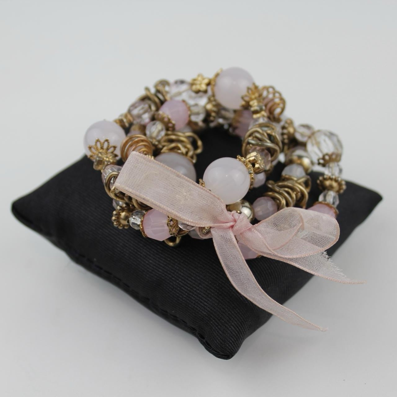Elegant Beaded Bracelets Set with White Pink Gold Beads and Ribbon