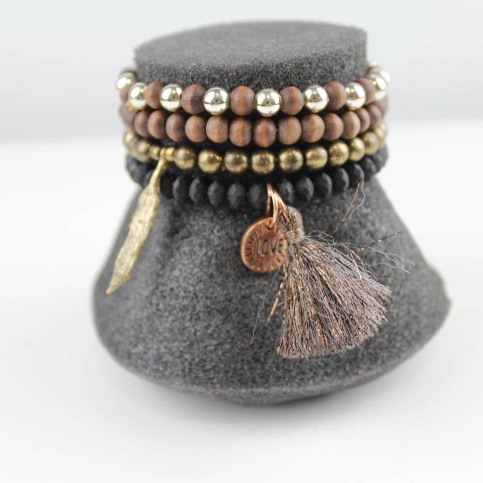 Boho Beaded Bracelet Set Tassel Charm Wood Black Gold Layered Jewelry