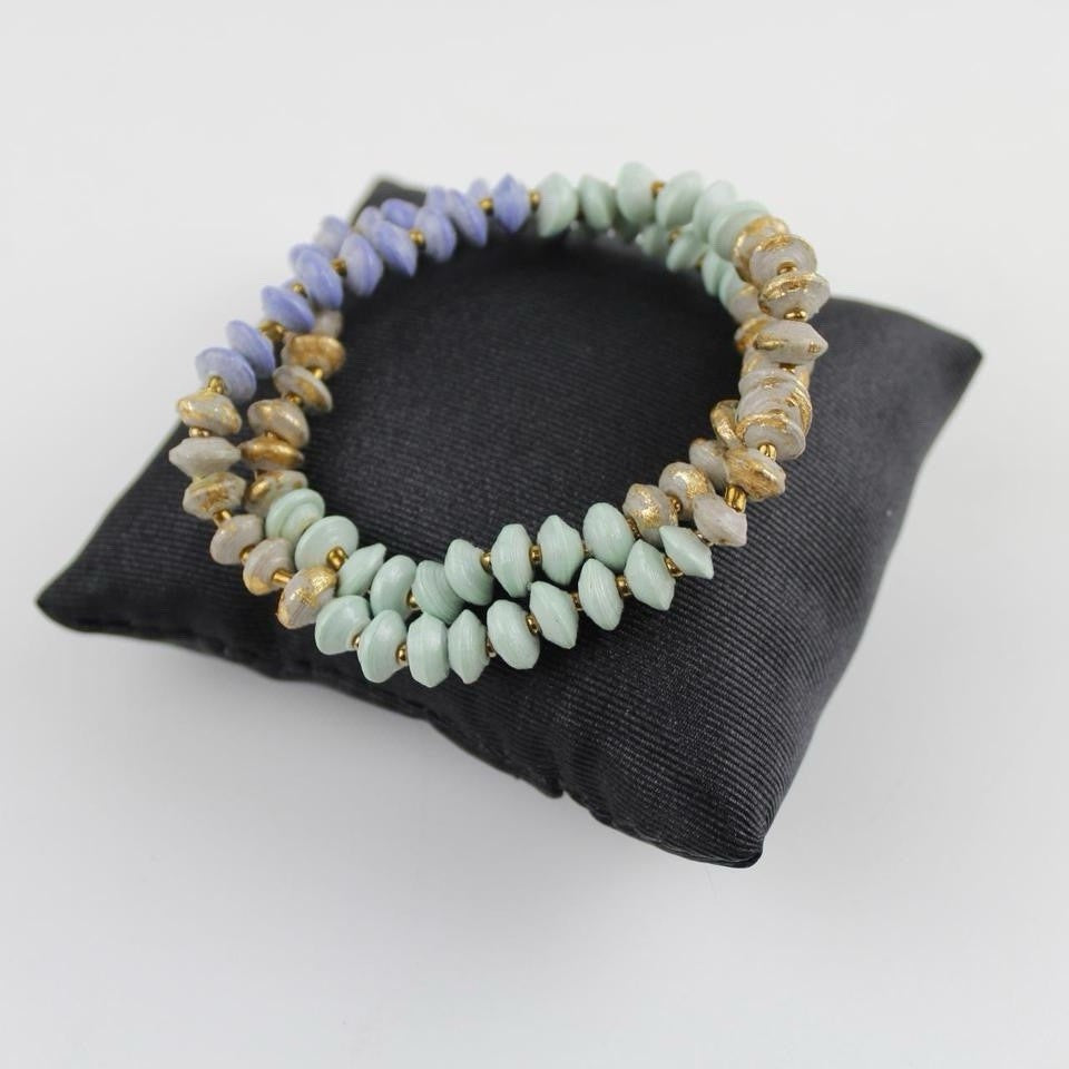 Pastel Beaded Double Strand Bracelet Green Purple Gold Fashion Jewelry