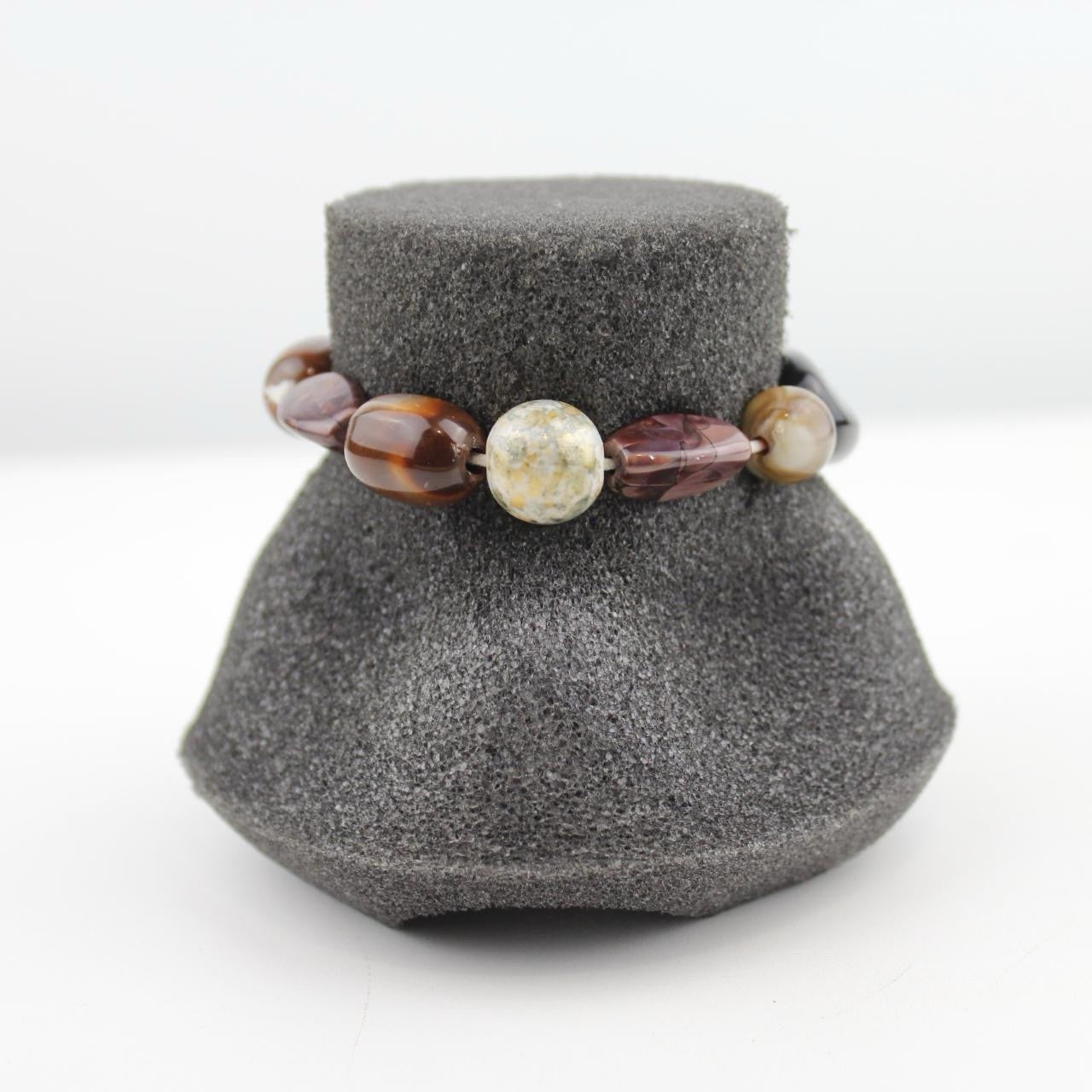 Polished Stone Bead Bracelet Earthy Tones Brown Amber Black Cream Organic
