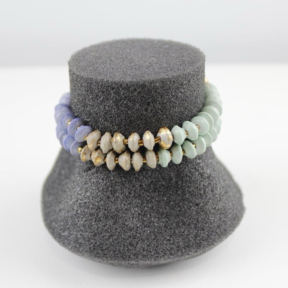 Pastel Beaded Double Strand Bracelet Green Purple Gold Fashion Jewelry