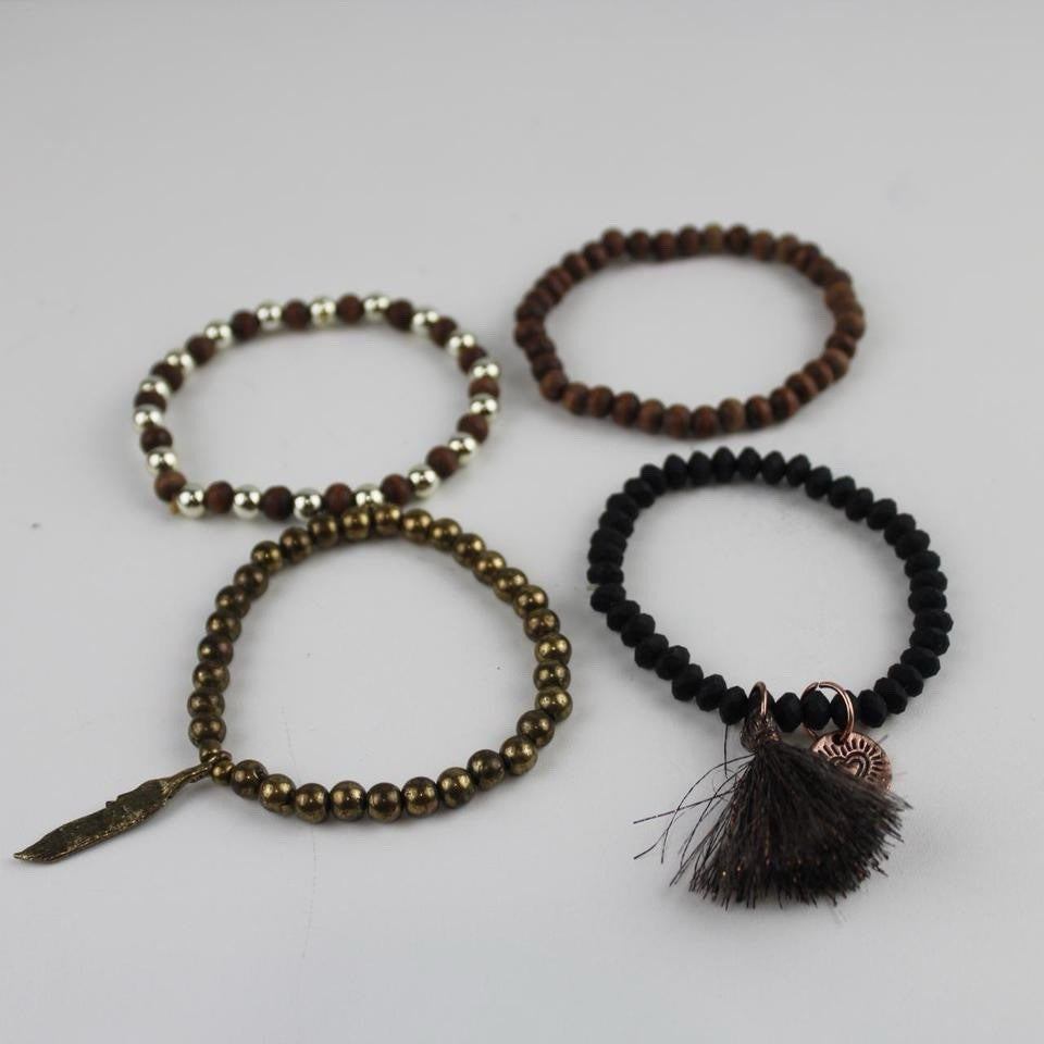 Boho Beaded Bracelet Set Tassel Charm Wood Black Gold Layered Jewelry