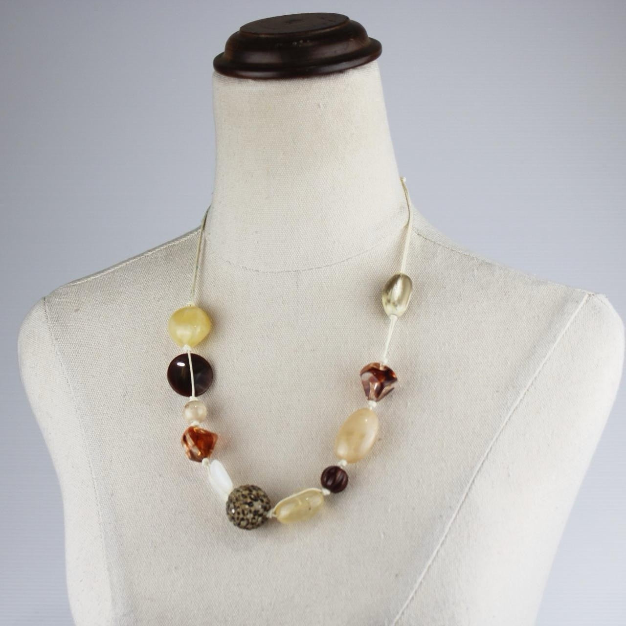 Bohemian Beaded Necklace Amber Brown Cream Speckled Glass Resin Stone Single