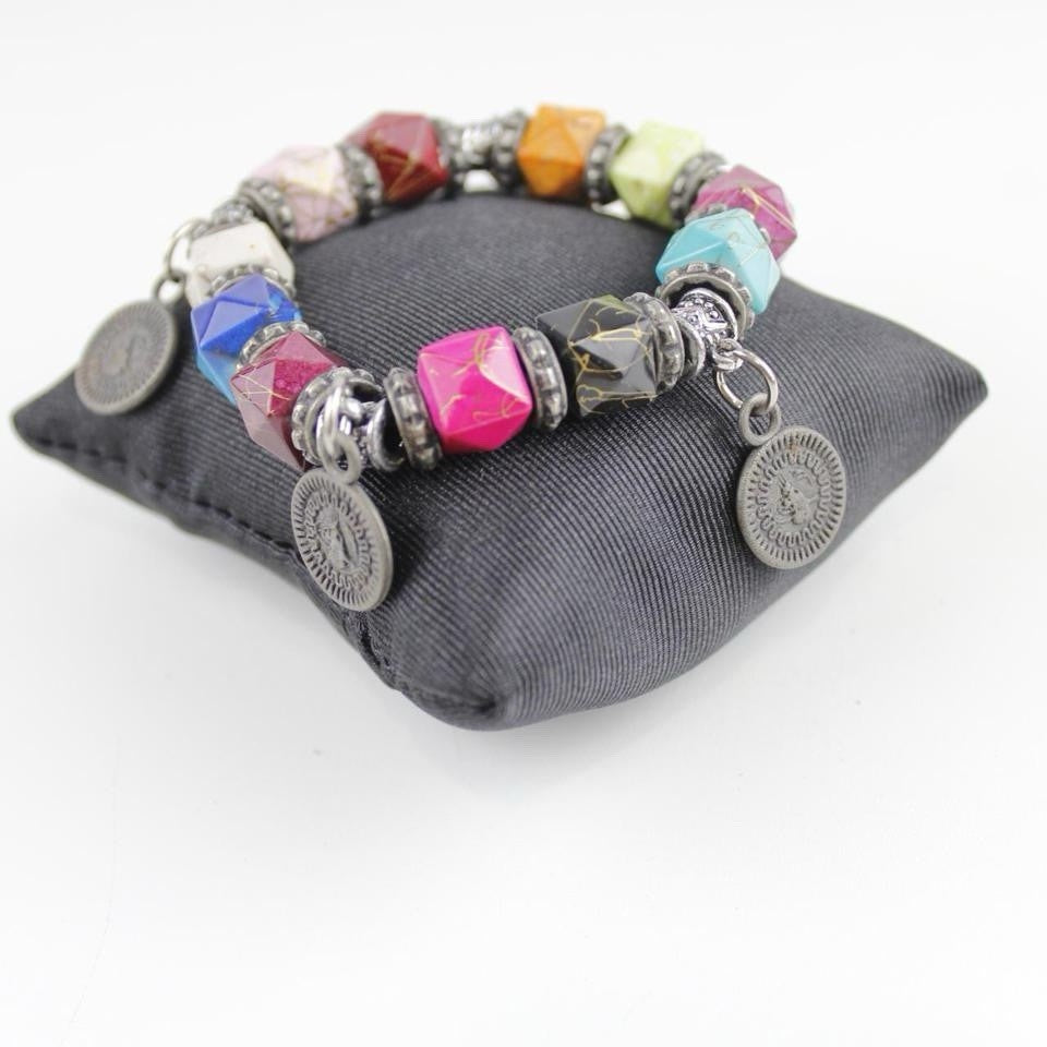 Bohemian Multi-Color Bead Bracelet Silver Tone Coin Dangle Charm Jewelry