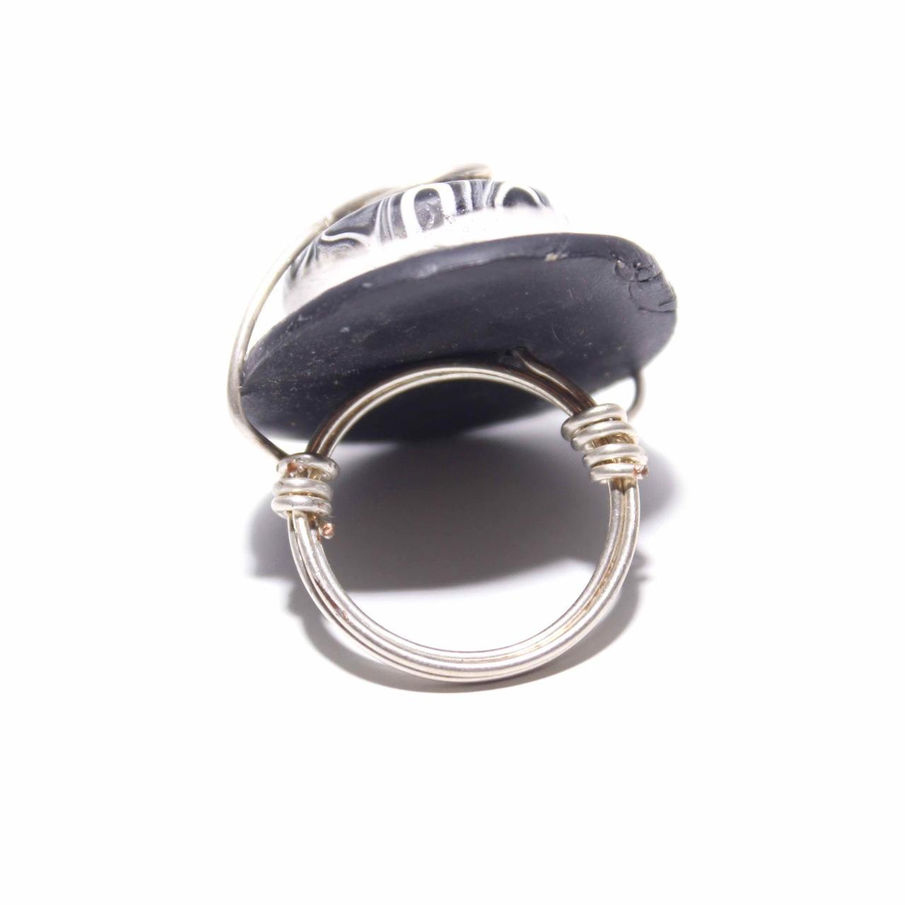 Wire Wrapped Ring Artisan Boho Black White Abstract Bead Statement Jewellery