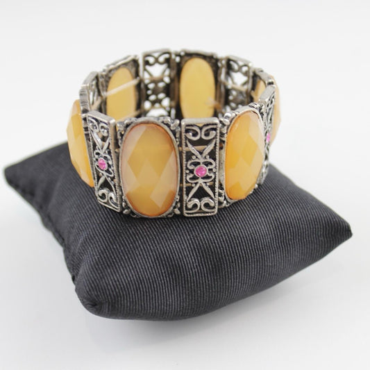 Glass Stone Stretch Bracelet - Yellow Oval Facets
