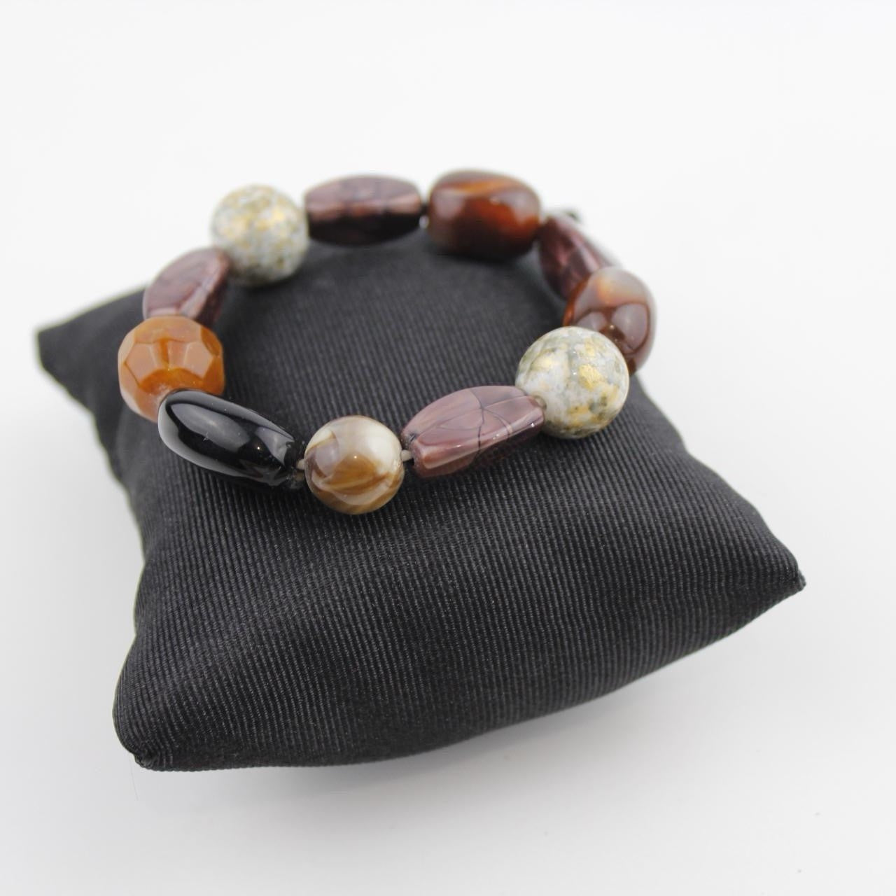 Polished Stone Bead Bracelet Earthy Tones Brown Amber Black Cream Organic