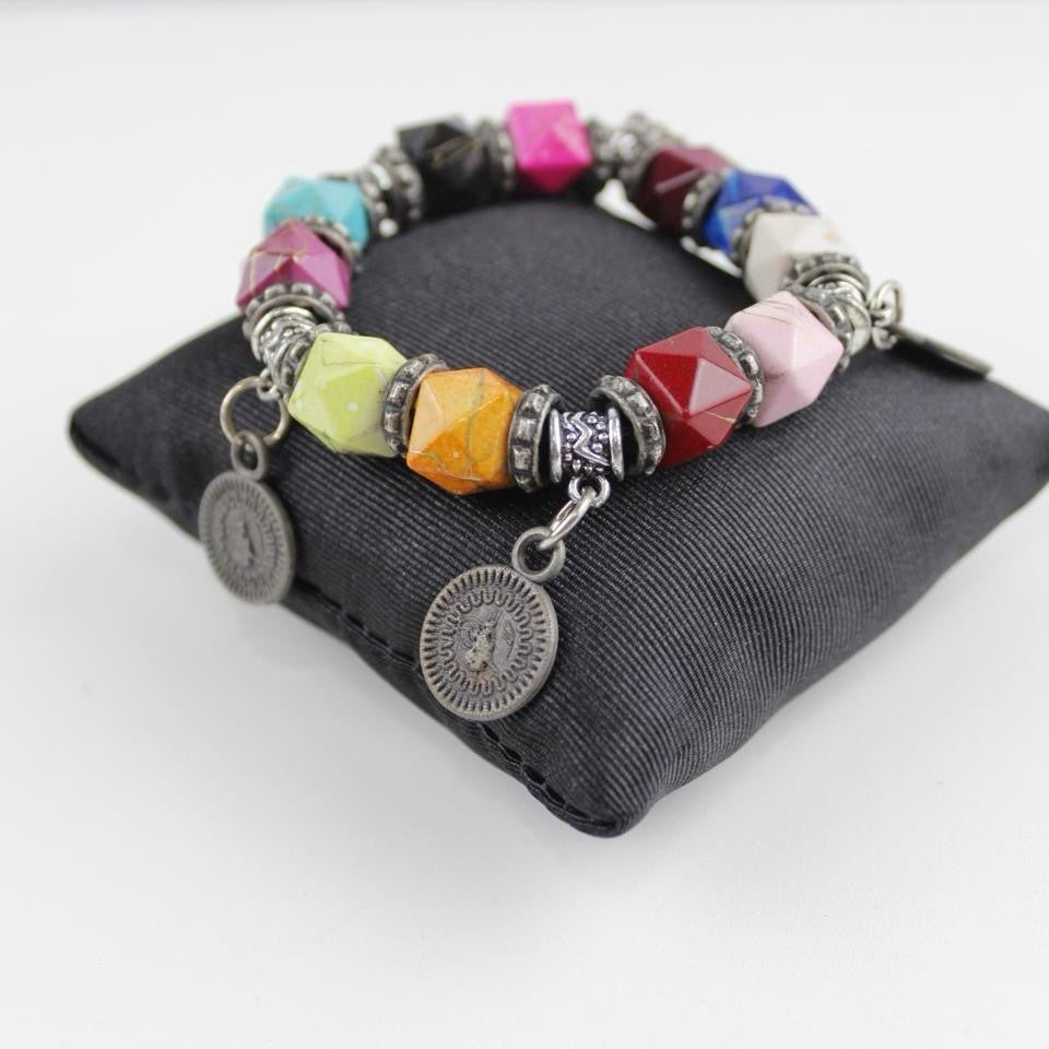 Bohemian Multi-Color Bead Bracelet Silver Tone Coin Dangle Charm Jewelry