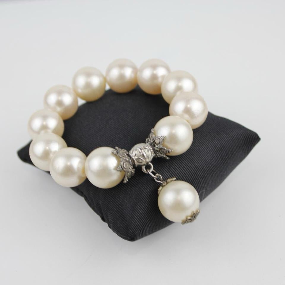 Classic White Pearl Bracelet Stretch Dangle Charm Silver Accent Elegant Jewelry