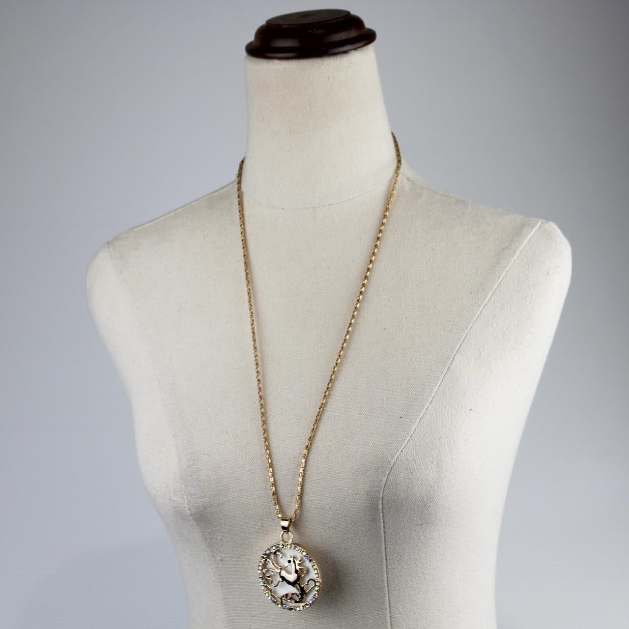 Long Pendant Necklace Gold Tone Chain Unicorn Pendant Rhinestone Decor Elegant