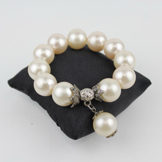 Classic White Pearl Bracelet Stretch Dangle Charm Silver Accent Elegant Jewelry