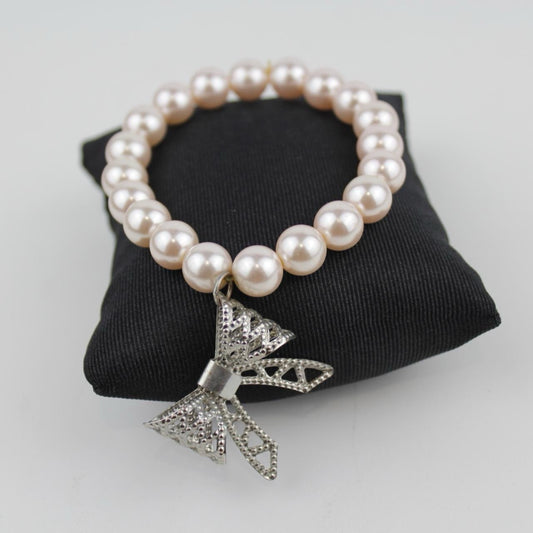 Vintage Pearl Bracelet Pink Beads Bow Charm Jewelry Fashion Accessory Women