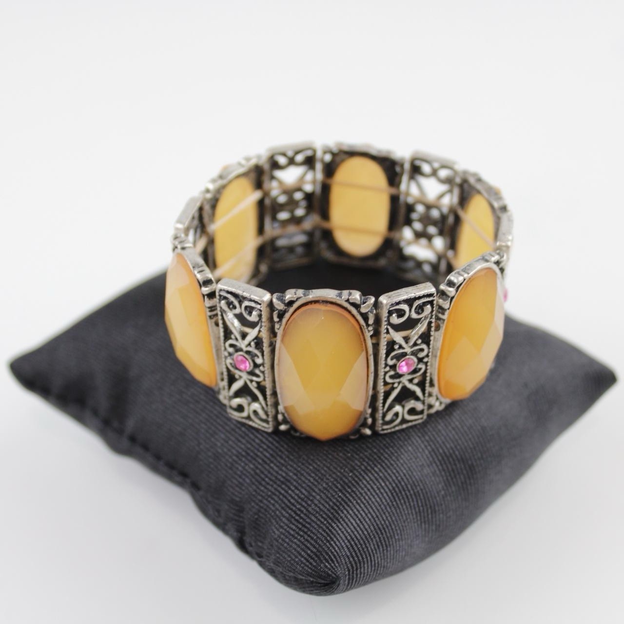 Glass Stone Stretch Bracelet - Yellow Oval Facets
