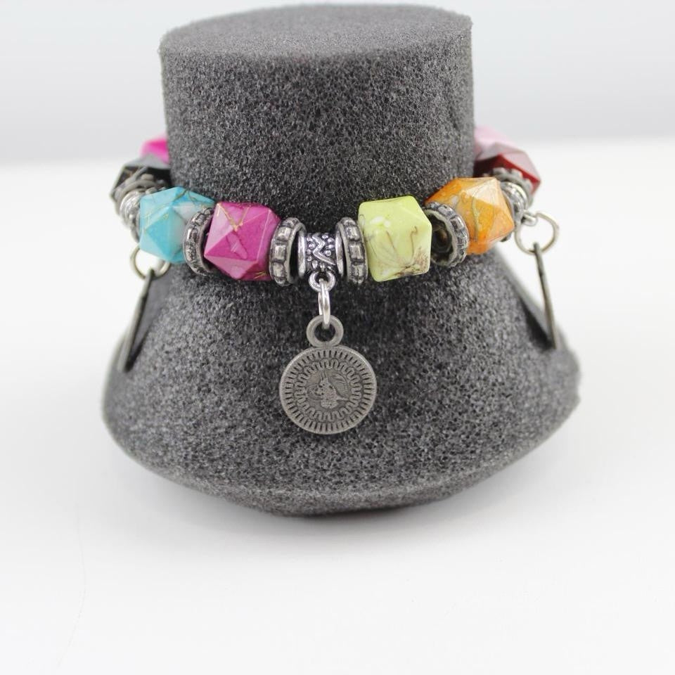 Bohemian Multi-Color Bead Bracelet Silver Tone Coin Dangle Charm Jewelry
