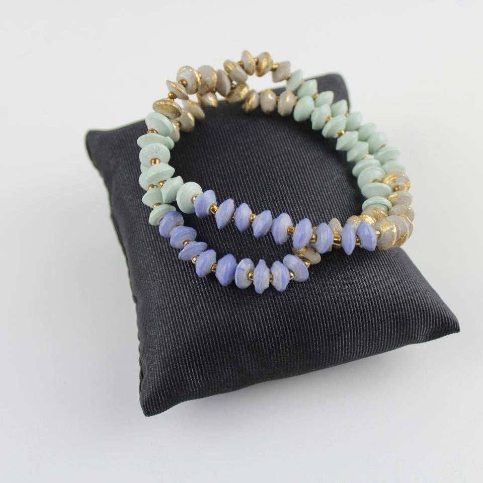 Pastel Beaded Double Strand Bracelet Green Purple Gold Fashion Jewelry
