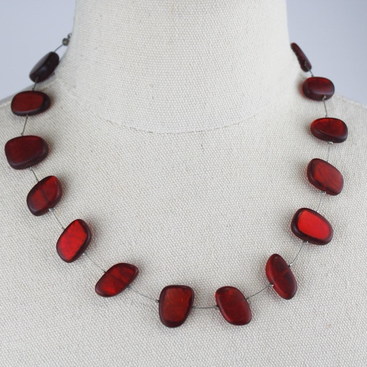 Red Bead Necklace Irregular Shape Deep Red Glass Single Strand Minimalist