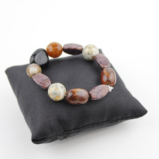 Polished Stone Bead Bracelet Earthy Tones Brown Amber Black Cream Organic