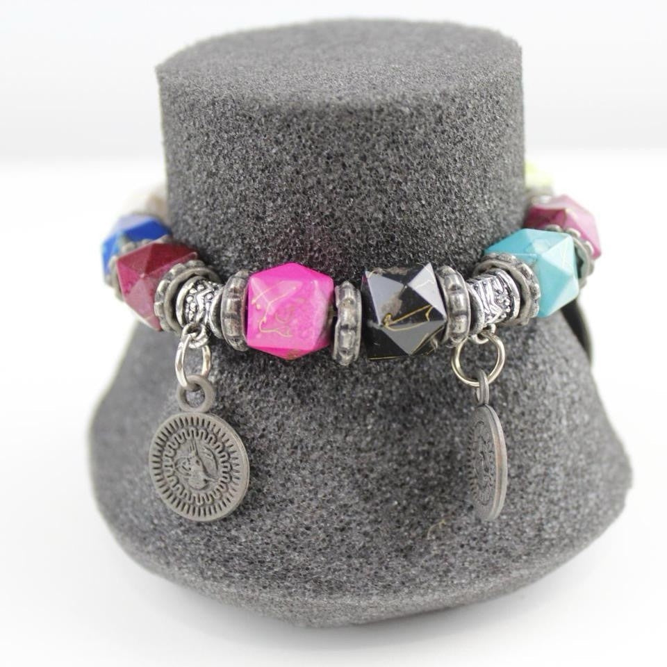 Bohemian Multi-Color Bead Bracelet Silver Tone Coin Dangle Charm Jewelry