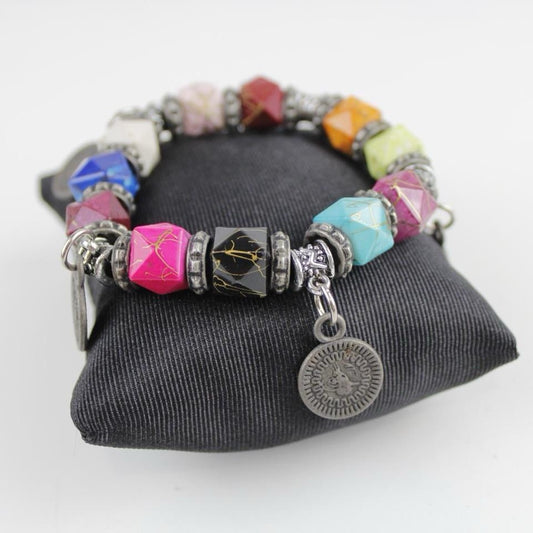 Bohemian Multi-Color Bead Bracelet Silver Tone Coin Dangle Charm Jewelry