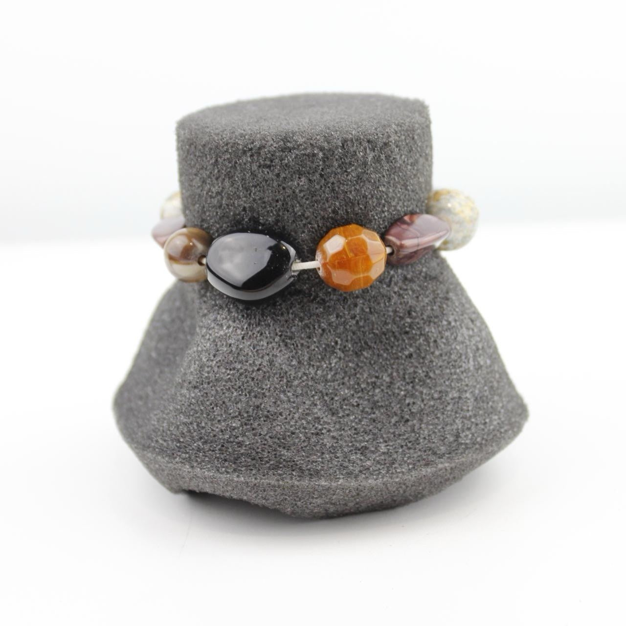 Polished Stone Bead Bracelet Earthy Tones Brown Amber Black Cream Organic